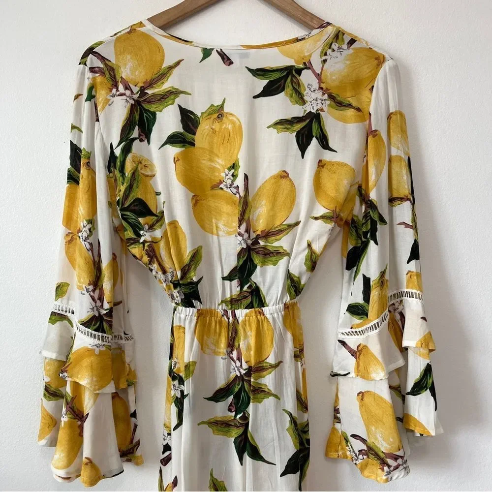 NWT Blue Island Lemon Print Bell Sleeve Swimsuit Coverup Dress Size Small